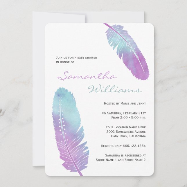 Boho Bohemian Feather Lila Baby Shower Inbjudningar (Framsida)