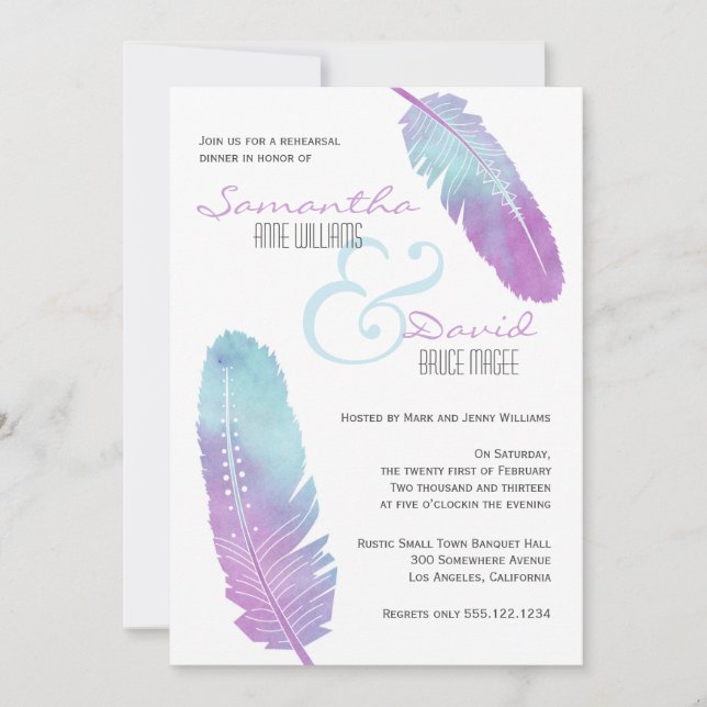 Boho Bohemian Feather Lila Rehearsal Dinner Inbjudningar (Framsida)
