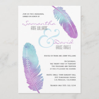 Boho Bohemian Feather Lila Rehearsal Dinner Inbjudningar