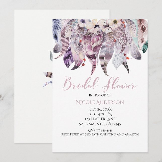 Boho Bohemian Fjädrar Bröllopsdusch Inbjudningar (Fram/baksida)