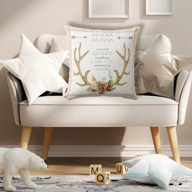 BOHO Bohemian Hjort Antler Blommigt Baby Birth Sta Kudde (Skapare uppladdad)