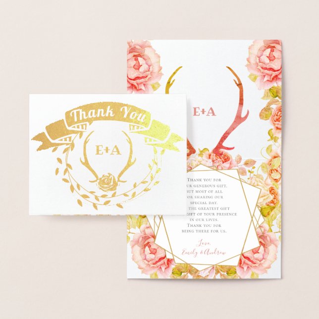 Boho Bohemian Hjort Antler och Ro Rosa Bröllop Folierat Kort (Display)