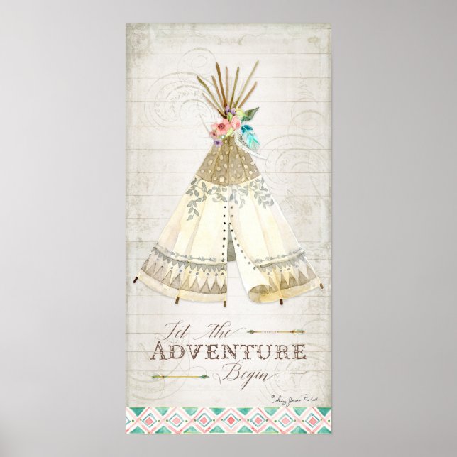 Boho Bohemian: Låt Äventyr påbörja Teepee Wood Poster (Framsidan)