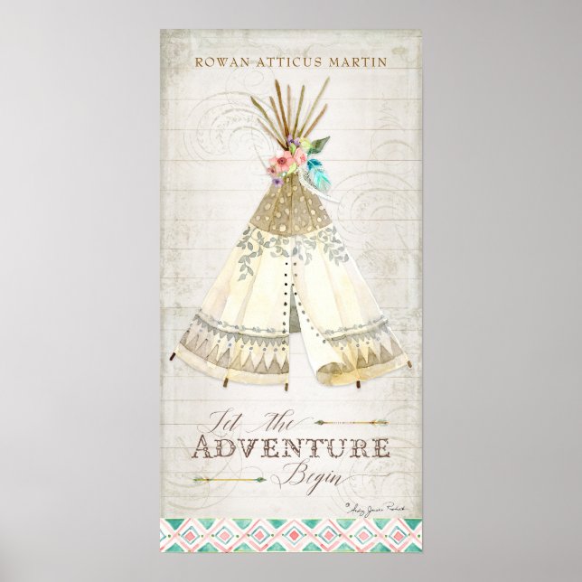 Boho Bohemian Låt Äventyret Börja Teepee Trä Poster (Framsidan)