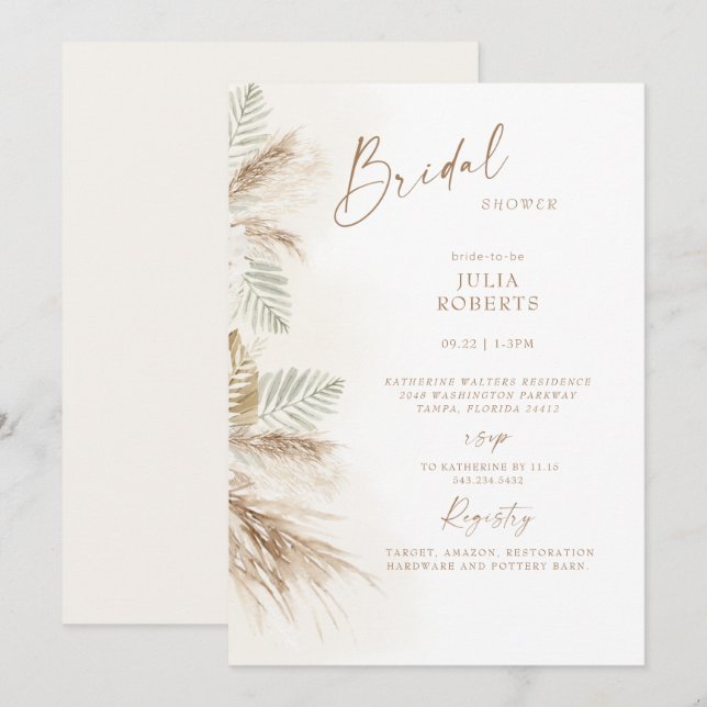 Boho Bohemian Pampas Gräs Beige Bröllopsfest Inbjudningar (Fram/baksida)