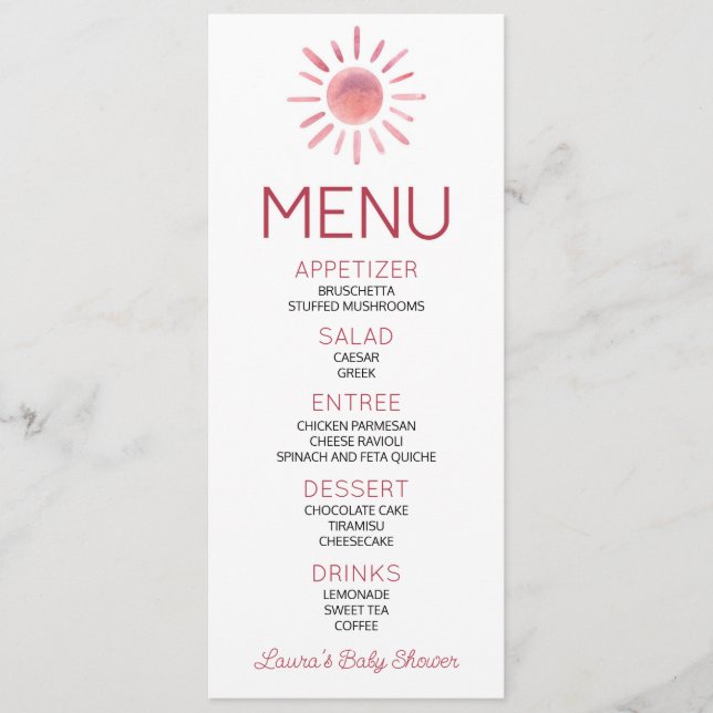 Boho Bohemian Rosa Sol Baby Shower Food Menu Meny (Framsida)