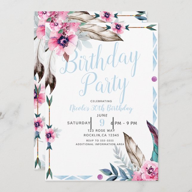 Boho Bohemian Tribal Blommigt Watercolor Birthday Inbjudningar (Fram/baksida)