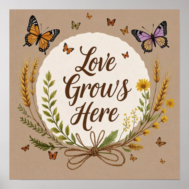 Boho Bohemian Wildblommor, fjärilar, vete Poster (Framsidan)