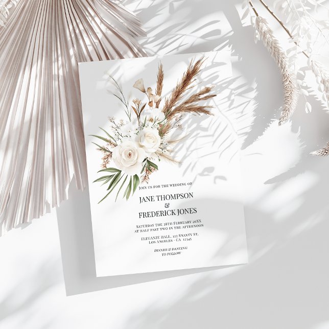Boho Bohemisk Torkad Blomma Foto & QR-kod Bröllop Inbjudningar (Boho Bohemian Dried Floral Photo & QR Code Wedding Invitation)
