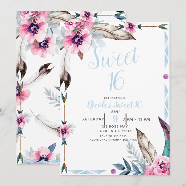 Boho Bohemisk Tribal Blommig Akvarell Sweet 16 Inbjudningar (Fram/baksida)