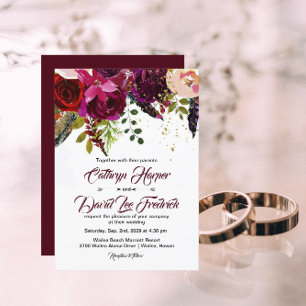 Boho Bold Burgundy & Guld Blommigt Bröllop Inbjudningar
