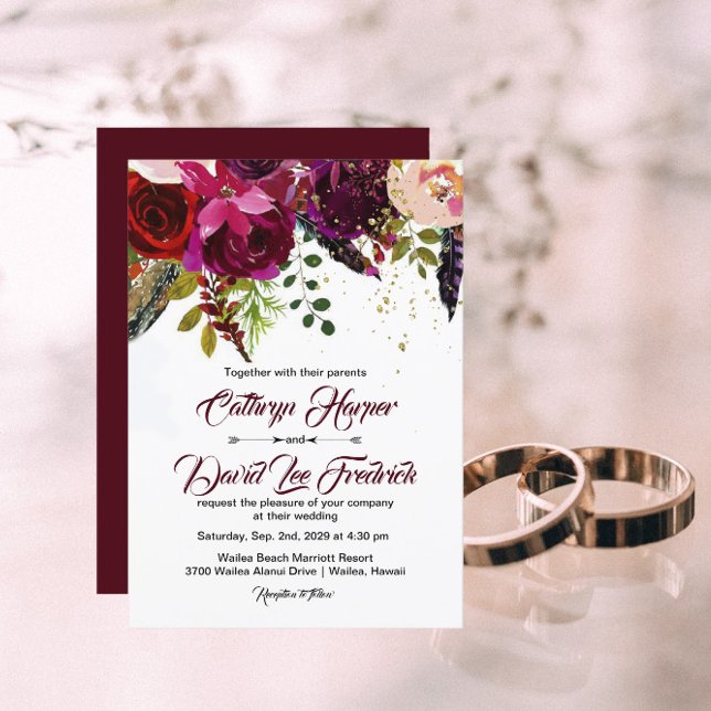 Boho Bold Burgundy & Guld Blommigt Bröllop Inbjudningar (Skapare uppladdad)