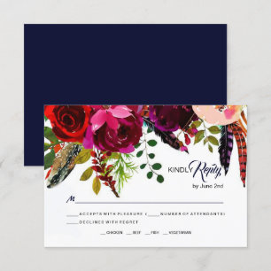 Boho Bold Burgundy Navy Blommigt Bröllop OSA Kort