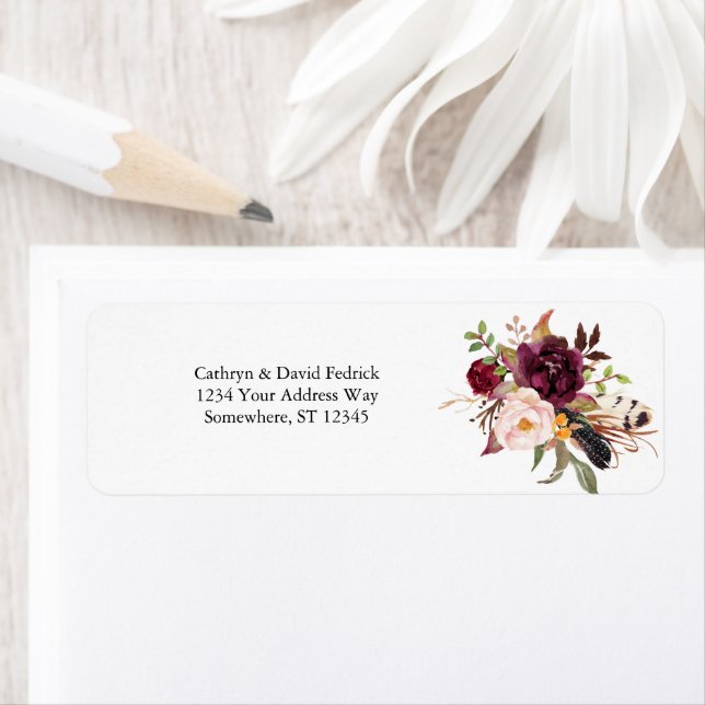 Boho Bold Burgundy Navy Blommigt Bröllop Returadress Etikett (Insitu)