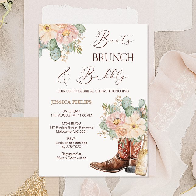 Boho  Boots Brunch Bubly Möhippa Inbjudningar (Floral Boots Brunch and Bubbly Bridal Shower Invitation Template, Cowgirl Boots Bridal Shower Bottle)