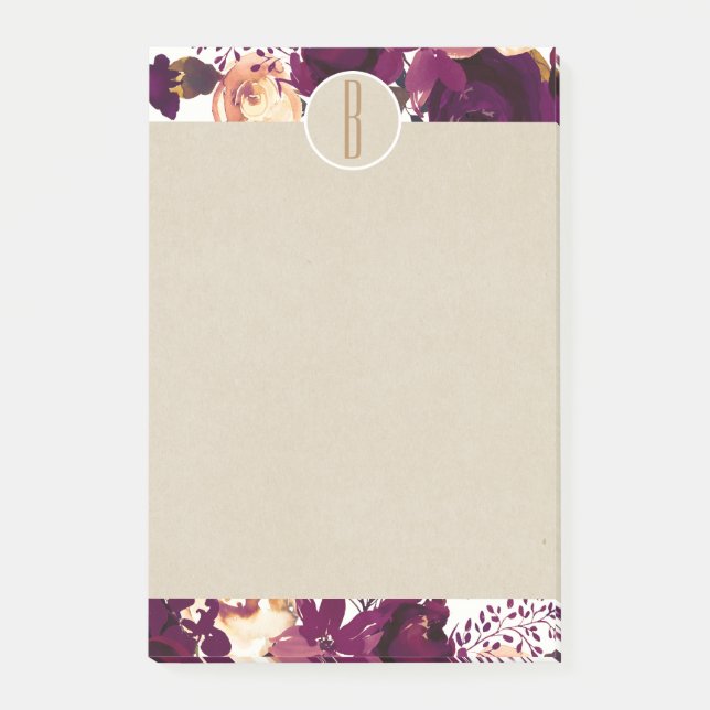 Boho Bordeaux Marsala Blommigt Kraft Rustic Monogr Post-it Block (Framsida)