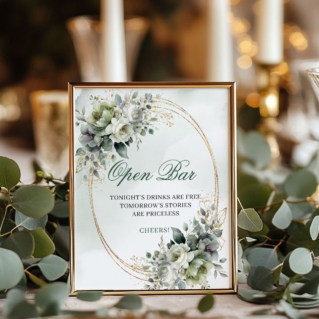 Boho Bordkort för Öppen Bar med Grönska och Guld Poster (Greenery and Gold Open Bar Tabletop Sign Boho)