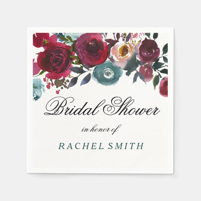 Boho Bordo Burgunderröda Blommor Bröllopsdusch Pappersservett (Framsidan)