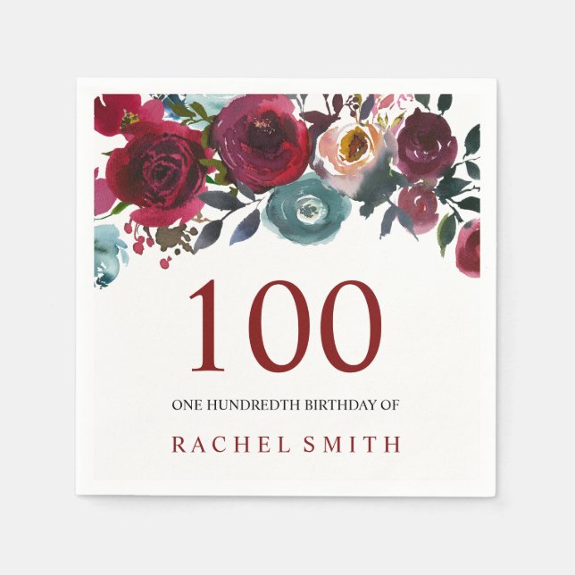 Boho Bordo Burgundy Red Flowers 100:e födelsedagen Pappersservett (Framsidan)