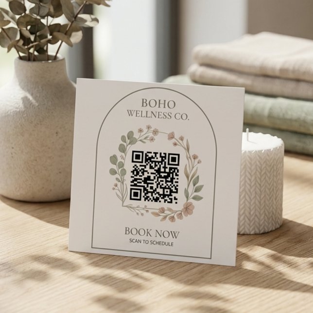 Boho Botanical Arched QR Code Square Fyrkantigt Visitkort (Luxe Boho Business Card for Wellness & Creative Pros | Modern Botanical Design)