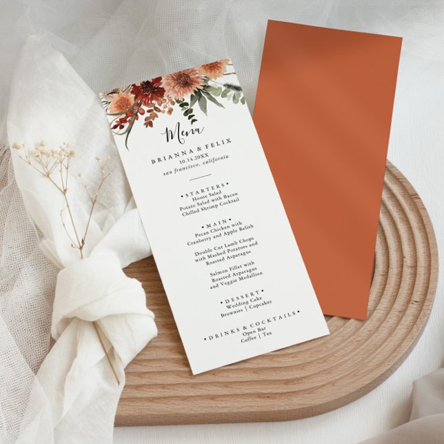 Boho Botanical Autumn Blommigt Bröllop Dinner Menu Meny (Skapare uppladdad)