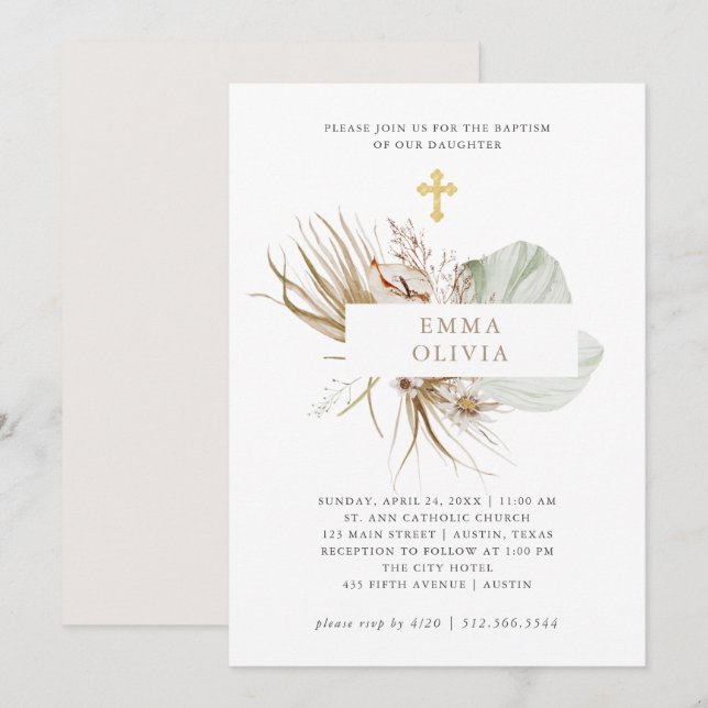 Boho Botanical | Baptism med Guld Kor Inbjudningar (Fram/baksida)