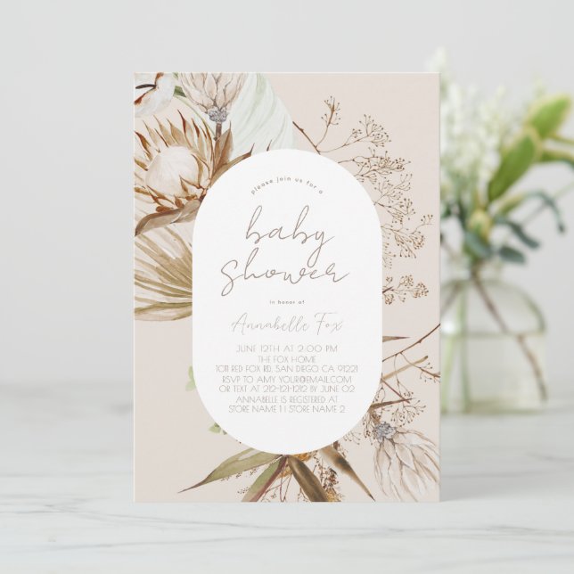 Boho Botanical Beige Baby Shower-inbjudan Inbjudningar (Stående Fram)