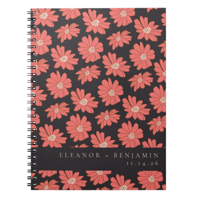 Boho Botanical Black Red Personligt bröllp Anteckningsbok (Framsidan)