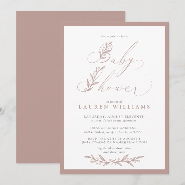 Boho Botanical Dusty Ro Rosa Script Baby Shower Inbjudningar (Fram/baksida)