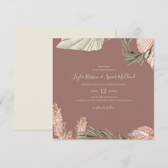 Boho Botanical | Enkel Dusty Ro Square Bröllop Inbjudningar (Fram/baksida)