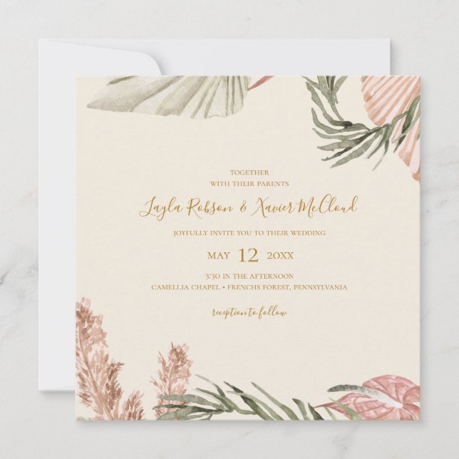 Boho Botanical | Enkel Oliv grönt kvadrat Bröllop Inbjudningar (Framsida)