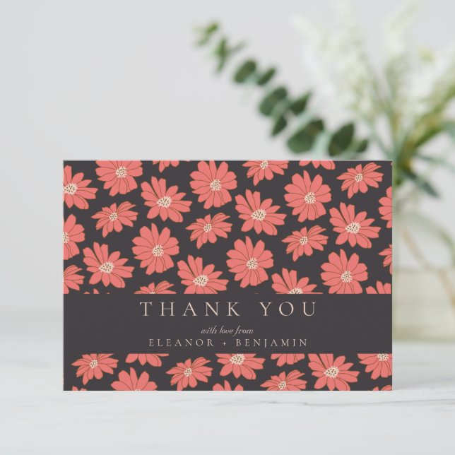 Boho Botanical Flowers Black Personligt bröllp Tack Kort (Stående Fram)