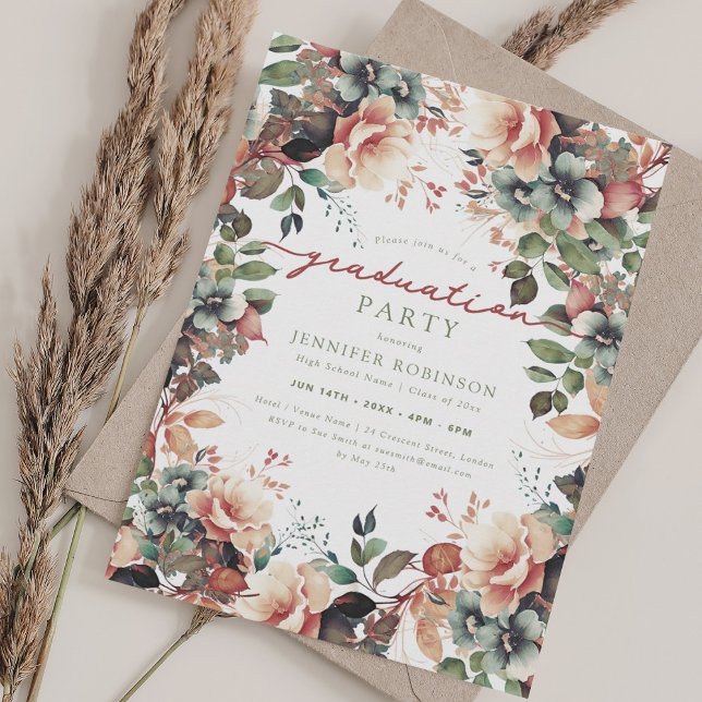 Boho Botanical Garden Blommigt Studentfest Inbjudningar (Boho Botanical Garden Floral Graduation Party Invitation)
