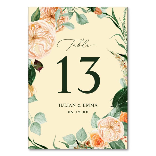 Boho Botanical Gult Greenery Blommigt Anpassningsb Bordsnummer (Framsidan)