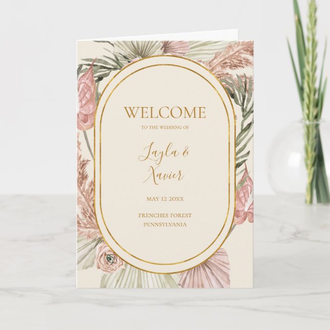 Boho Botanical Ivory och Grönt Foldad Bröllop Program (Framsida)
