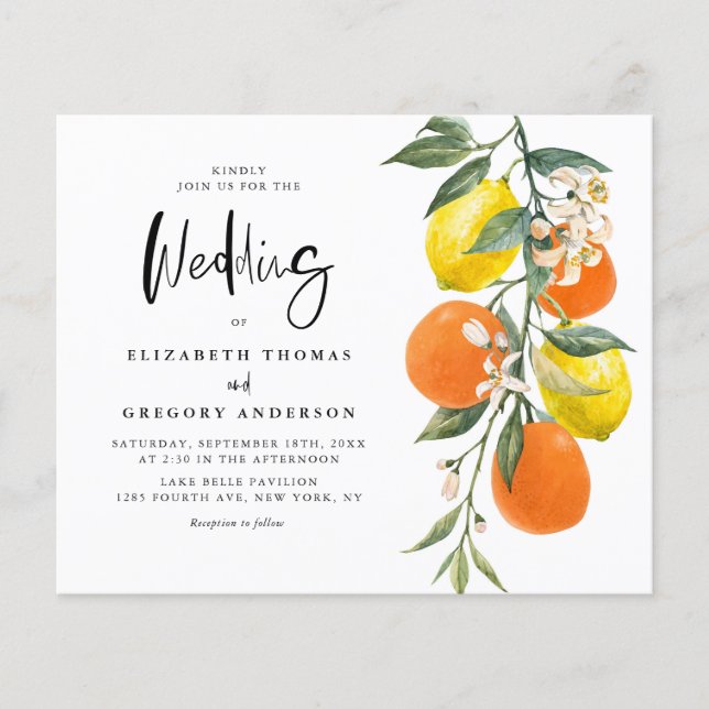 Boho Botanical Lemon och Orange Wedding bjudande (Framsida)