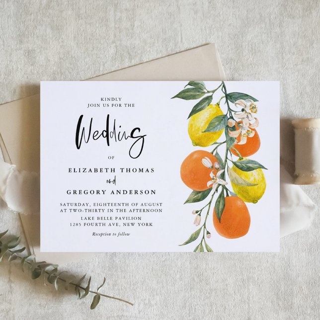 Boho Botanical Lemons and Oranges Garland Bröllop Inbjudningar (Boho Botanical Lemons and Oranges Garland Wedding Invitation)