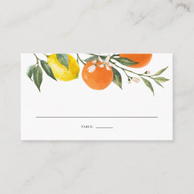 Boho Botanical Lemons and Oranges Sommar Bröllop Placeringskort (Framsida)
