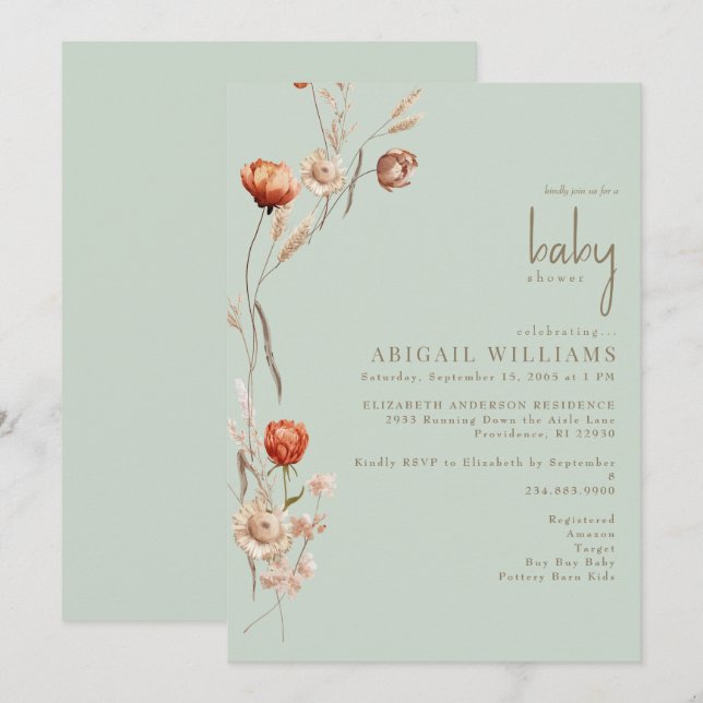Boho Botanical Light Sage Baby Shower Inbjudningar (Fram/baksida)