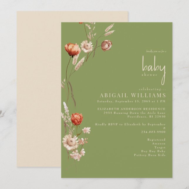 Boho Botanical Moss Grönt & Cream Baby Shower Inbjudningar (Fram/baksida)