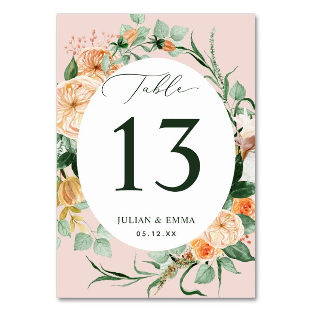 Boho Botanical Rosa Greenery Blommigt Personlig Bordsnummer (Framsidan)