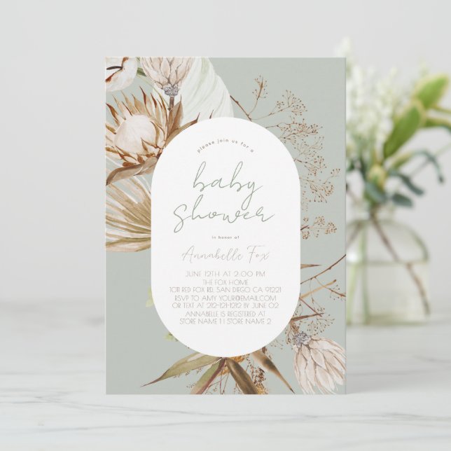 Boho Botanical Sage Baby Shower-inbjudan Inbjudningar (Stående Fram)
