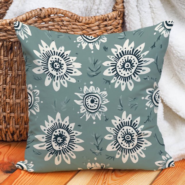 Boho Botanical Sage Grönt Cream Geometric Blommigt Kudde (Boho Botanical Sage Green Cream Geometric Floral Throw Pillow)