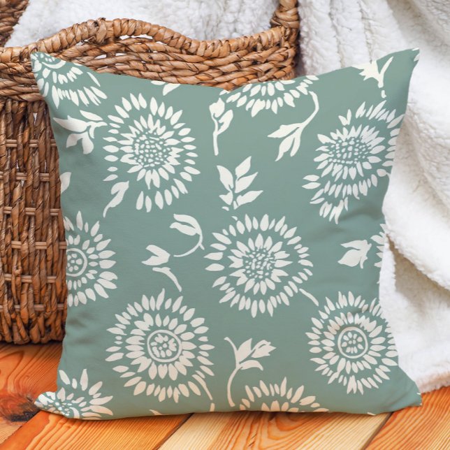 Boho Botanical Sage Grönt Cream Sunblommor Kudde (Boho Botanical Sage Green Cream Sunflowers Throw Pillow)