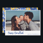 Boho Botanical Simple Script Photo Lycklig Hanukka Julkort<br><div class="desc">Simple Boho Modern Script Lycklig Hanukkah-fotokort med botaniskt Helgdag i blått och Gult</div>