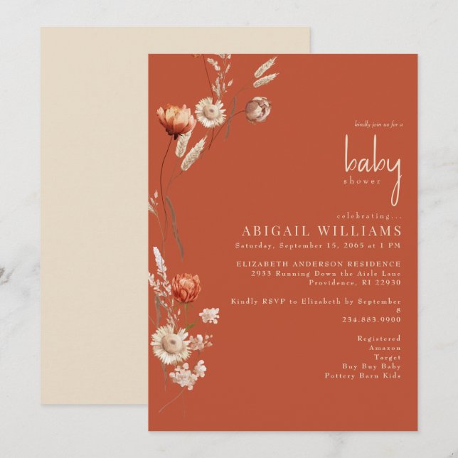 Boho Botanical Terracotta & Cream Baby Shower Inbjudningar (Fram/baksida)