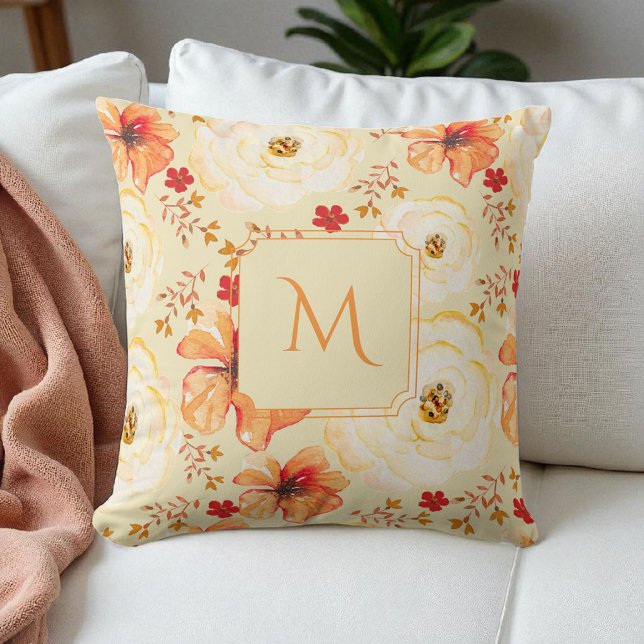 Boho Botanical Watercolor Cream Orange Blommigt Kudde (Skapare uppladdad)
