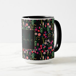 Boho Botanical Watercolor Flowers Black Mugg