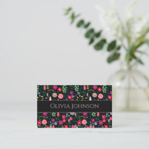 Boho Botanical Watercolor Flowers Black Visitkort
