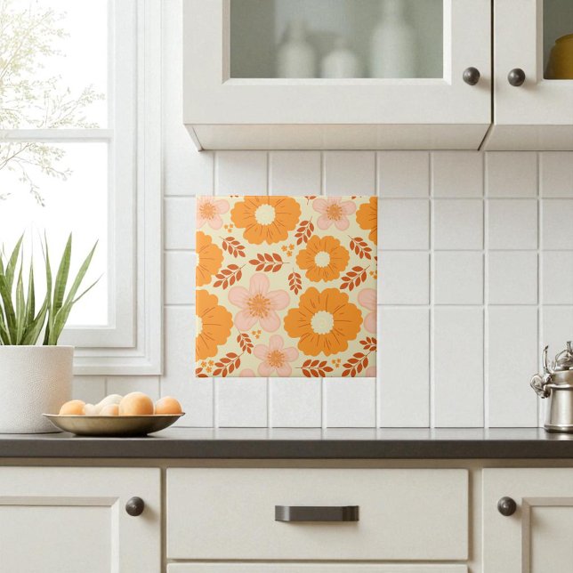 Boho Botanical Watercolor Orange Blommigt Kakelplatta (Skapare uppladdad)